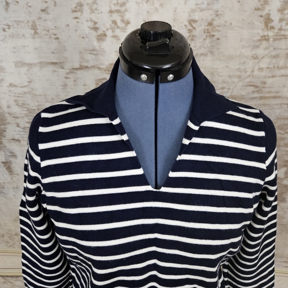 Cyrus XS Navy White Striped Sweater Nautical Pullover Collared V-Neck Resort - Picture 2 of 8